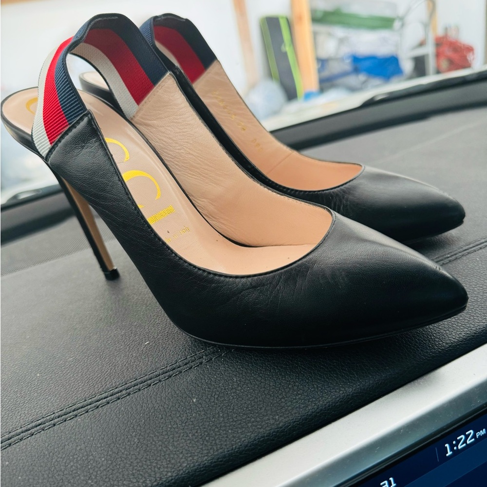 Gucci women’s leather Sylvie sling back pumps 38